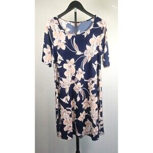 SJS Womens Medium Navy Floral Dress Flower A-Line Swing Stretch Casual